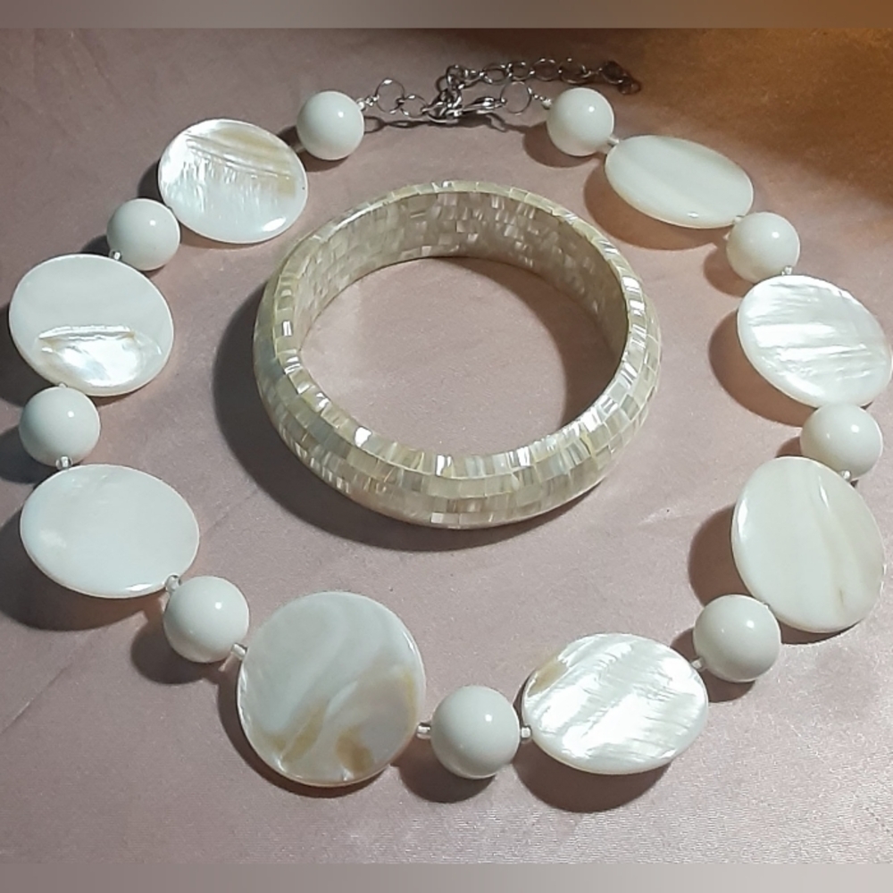 ,Mother Of Pearl Collar Necklace & Mosaic Bangle Bracelet c1980